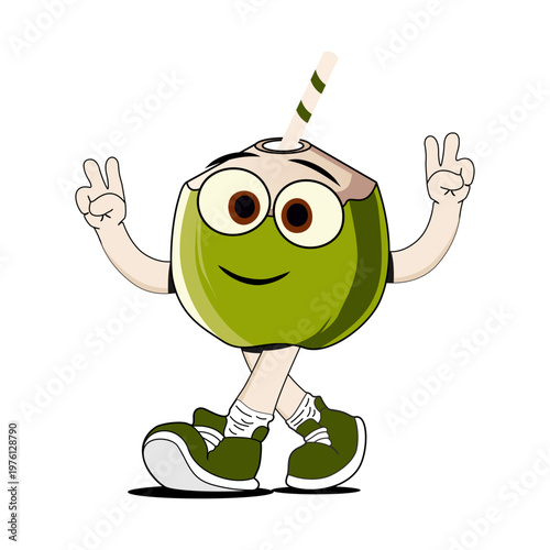 Cute coconut cartoon character mascot walking with peace sign, cute fruit illustration for kids Branding and Summer design.ai
