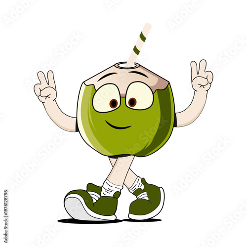 Cute coconut cartoon mascot Walking With peaceful attitude, cute drink character illustration for kids, food Branding and packaging.ai