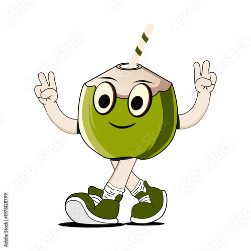 Cute coconut cartoon character with peace road sign, food mascot illustration for summer Branding and Beverage Design.ai