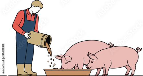 Farmer feeding pigs minimal farm vector illustration.