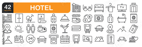 Set of line icons related to Hotel. Outline icons collection. Editable stroke. Vector illustration