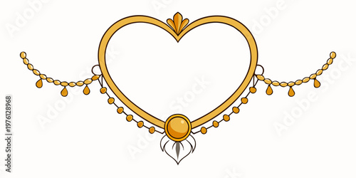Ornate golden heart frame with decorative bead chain, vector