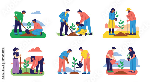Diverse group of people collaboratively planting trees and nurturing growth
