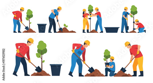 Team of workers collaboratively planting young trees in a landscape