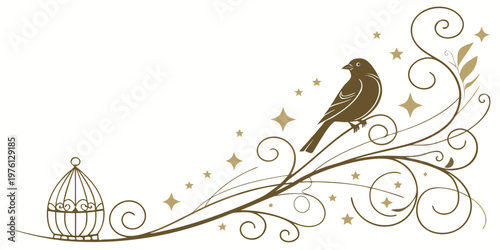 Stylized bird on a flourish branch with birdcage design, vector