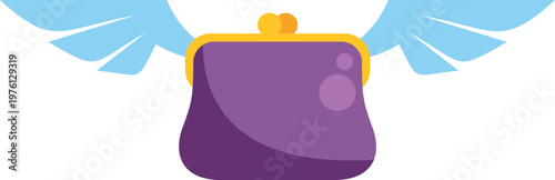 Purple coin purse with wings flying away, symbolizing rapid expense or decreased savings