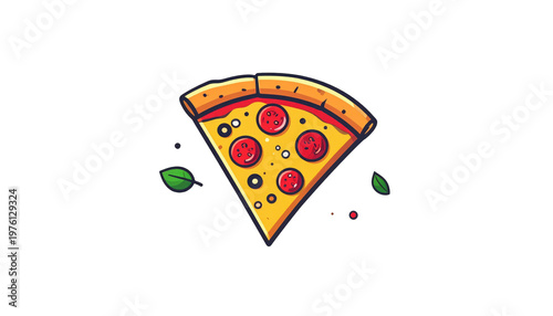 Cartoon slice of pizza on a black background. Pepperoni, olives, and basil leaves decorate the warm, cheesy food. Golden crust and sauce