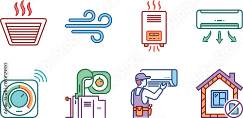 HVAC and Climate Control Icon Set Featuring Heating Cooling Ventilation Air Conditioner Thermostat Technician and Home Comfort System Symbols for Smart Building Design