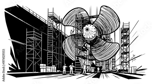 Massive ship propeller being maintained by shipyard workers in dry dock in detailed sketch style