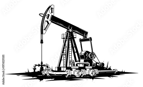 Oil pump jack extracting petroleum in desert landscape in clean vector line art style