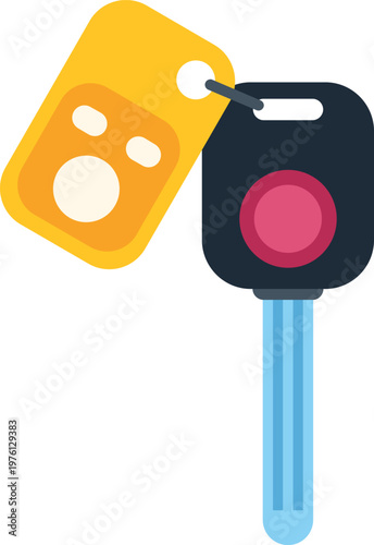 Car key with a remote control fob and yellow keychain