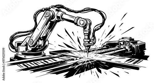 Robotic arm laser welding metal sheets with bright sparks in industrial graphic style