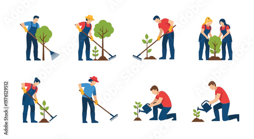 People planting trees and gardening with various tools in a flat style