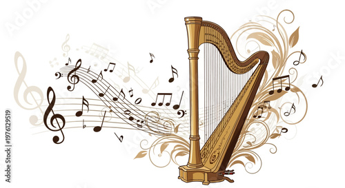 Golden Harp with Music Notes Symbols.