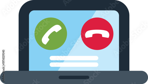 Laptop screen showing active call buttons for accepting or declining