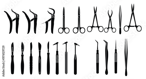 Collection of surgical instruments including forceps scalpels and scissors