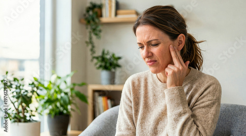 Woman suffering from jaw pain or toothache at home. Pained female touching face with uncomfortable expression