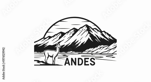 Stylized llama stands before jagged mountains and a curved sun