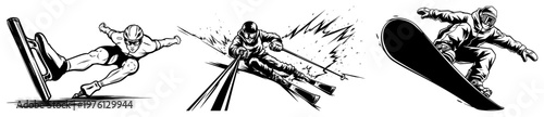 Foto Winter sports set featuring speed skating skiing and snowboarding in dynamic ink