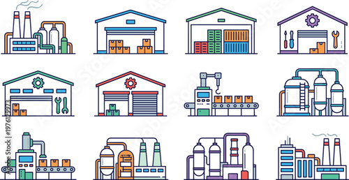 Industrial Factory and Manufacturing Icon Set Featuring Warehouse Production Line Machinery Storage Facilities and Processing Plants for Industry and Engineering Design