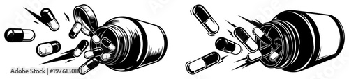 Open medicine bottles with medical capsules flying out in high contrast graphic style