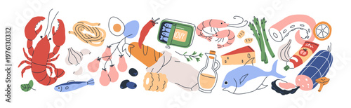 Mediterranean diet food composition. Italian seafood, fish, vegetables, spaghetti, lobster, olive oil. Healthy Italy cuisine, assorted nutrition. Flat vector illustration isolated on white background