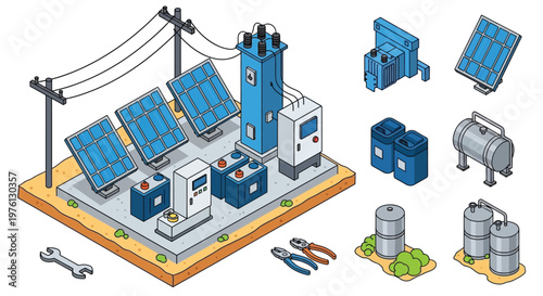 Isometric illustration of a solar power plant and electrical infrastructure