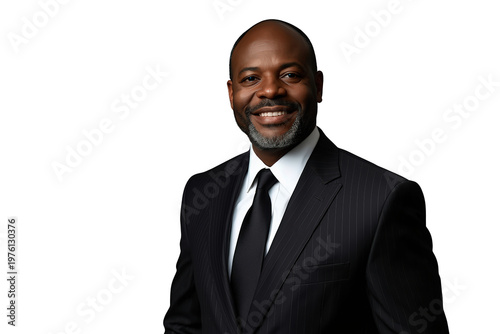 Black man wearing a suit and tie, smiling confidently. Successful entrepreneur portrait on transparent background, conveying expertise