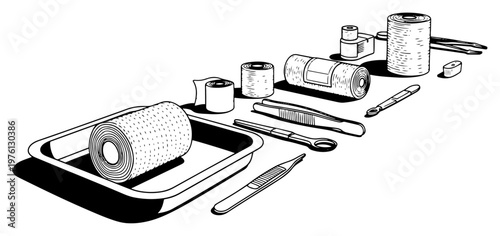 Cuadro en lienzo First aid supplies with bandages and surgical tools in clean graphic style