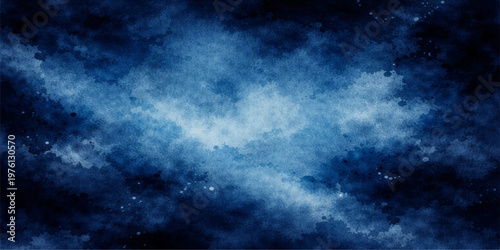 An abstract blue space and dark sky background texture features a stormy cloudscape of white clouds with lightning, rain, and sun light reflecting over the deep black night water of heaven