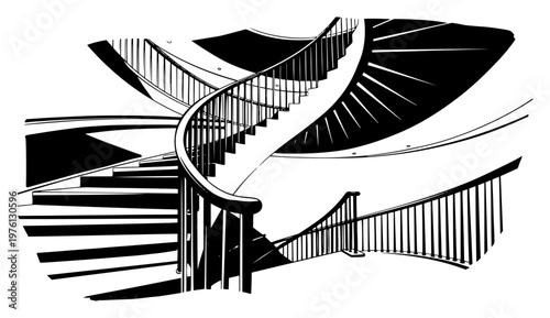 Spiral staircase with elegant railing and winding steps in dramatic high contrast graphic style