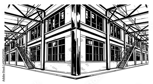 Industrial warehouse building with large windows and exterior stairs in high contrast architectural style