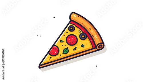 A vibrant illustration features a single triangular pizza slice on a black background. The cheesy slice includes toppings like pepperoni, olives, and basil
