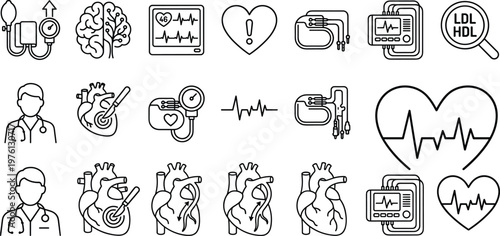 Medical Healthcare Icon Set with Heart ECG Monitor Doctor Cardiology Equipment and Diagnostic Symbols in Outline Style for Hospital UI Design