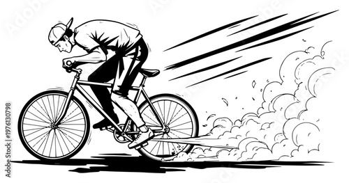 Bicycle rider cycling with dust clouds and speed effects in clean sketch style