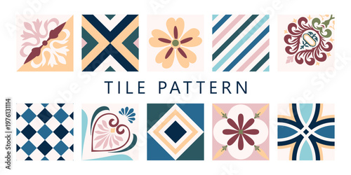 Vector seamless pattern with ornamental ceramic tiles in terracotta, orange and beige colors, mediterranean style