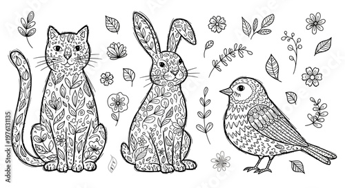 Cat rabbit and bird sitting together.