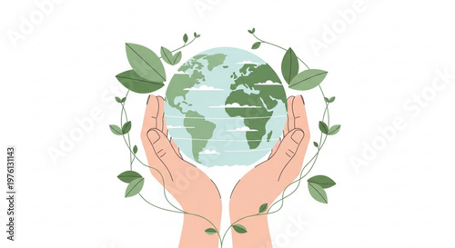 Hands cradling a green earth globe surrounded by leaves and vines symbolizing environmental care and sustainability