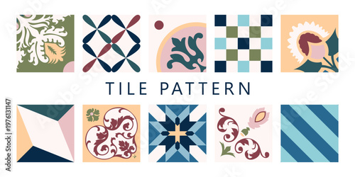 Vector seamless pattern with ornamental ceramic tiles in terracotta, orange and beige colors, mediterranean style