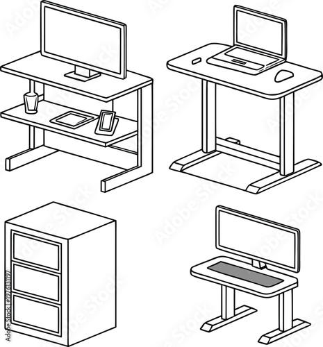 Isometric office furniture line icons with desks, computers, filing cabinet and workplace equipment for business design