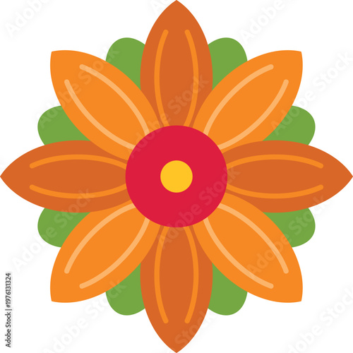 Orange flower with green leaves and a red center on a white background