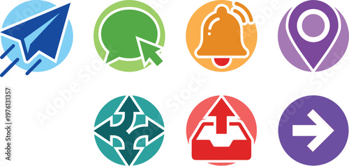 Modern App Icon Set with Send Message Chat Notification Location Navigation and System Symbols in Colorful Flat Circle Style Design