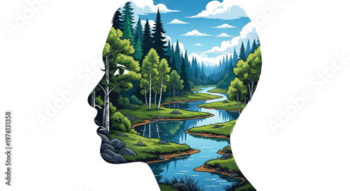 Serene landscape inside a human head with a winding river trees and blue sky with clouds symbolizing inner peace and harmony with nature
