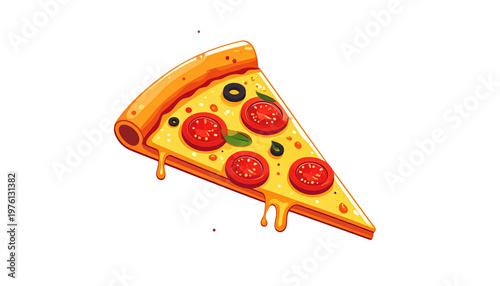 Animated slice of pizza, complete with crust, melted cheese, tomato slices, basil, and olives, isolated on a black background