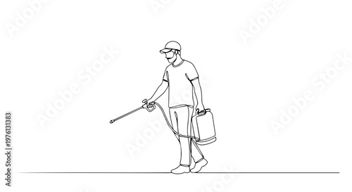 Man using garden sprayer one line drawing. Minimalist pest control and fertilization illustration. Continuous line art of worker treating plants
