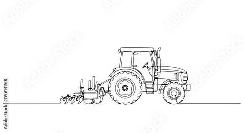 Tractor with plow one line drawing. Continuous line art of soil preparation machinery. Minimalist agricultural farming vector illustration