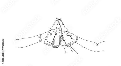 Hands clinking beer bottles in a toast. One line drawing minimalist vector illustration. Celebration and friendship concept