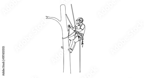 Arborist climbing a tree with safety equipment. One line drawing vector illustration. Tree surgeon maintenance concept
