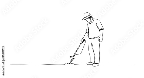 Man using a weed trimmer for lawn maintenance. One line drawing vector illustration. Gardening and landscaping service concept