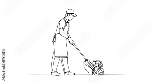 Man mowing lawn one line drawing. Continuous line art of gardener with lawnmower. Minimalist garden maintenance vector illustration
